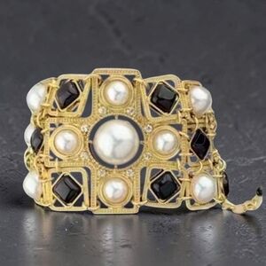 Fabulous Luxury Designer Maltese Cross Wide Pearl Onyx Bracelet